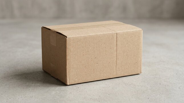 A plain cardboard box sits on a light grey surface, ready for delivery