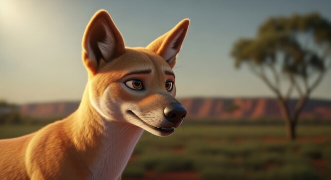 Cartoon dingo dog in the outback desert with tree and sky, desert landscape, cartoon animal, illustration