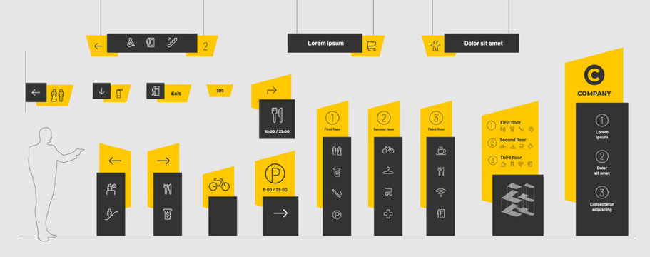 Wayfinding signage mockup tower. 3D digital pylon advertising board design. Mall airport exterior direction navigation stand layout. Office factory building directory screen yellow and black vector.