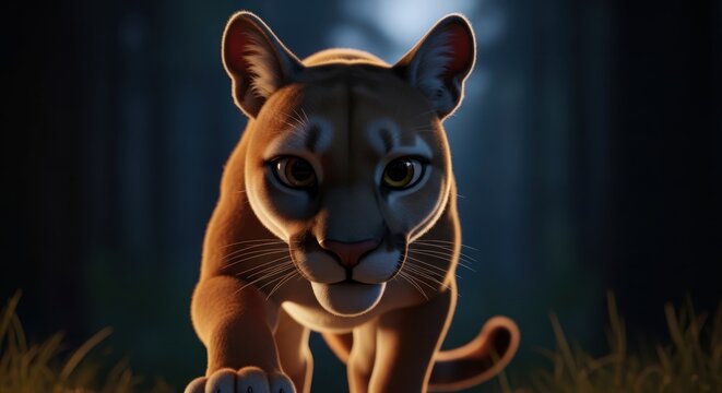 Powerful cougar prowls at night in forest, stalking prey with stealth and wildlife instinct