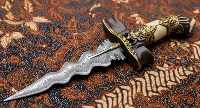 Close-up of traditional Indonesian Kris dagger on batik background. Intricate pattern on the blade and hilt showcase Indonesian culture and craftsmanship.