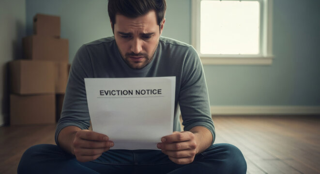 Young caucasian man sitting on floor reading eviction notice, concept of losing home due to economic crisis, unemployment, or financial difficulty.