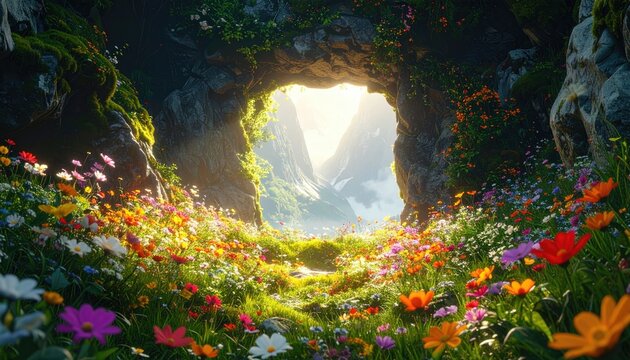 Sunlit cave opening revealing a vibrant meadow and distant majestic mountains
