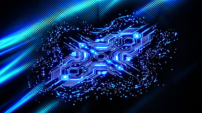 Digital butterfly data burst on dark halftone background with