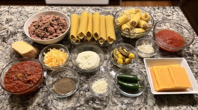 Ingredients for Italian manicotti pasta preparation on granite countertop minced meat uncooked pasta tubes stuffed shells marinara tomato sauce ricotta cheese jalapeno cheddar cheese