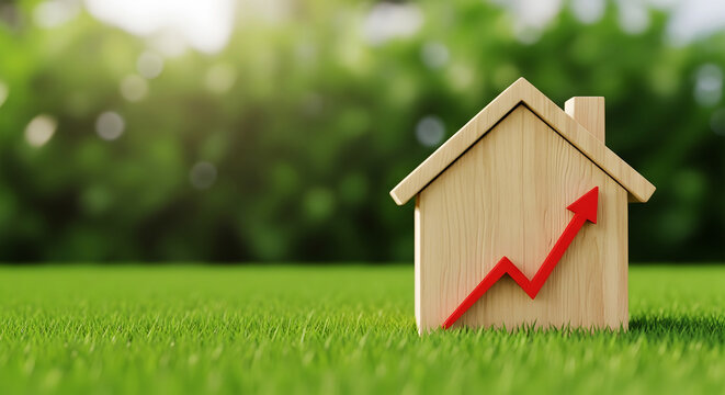 Wooden house model with red arrow graph on green grass background home real