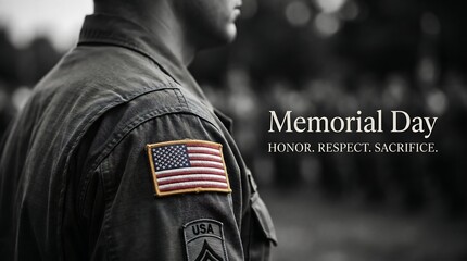 Obraz premium Military uniform shoulder with American flag patch honoring fallen soldiers on Memorial Day.