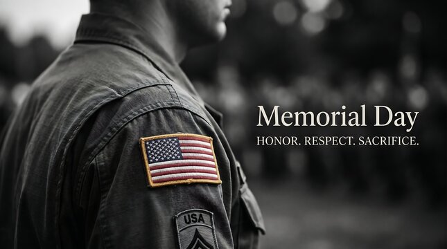 Military uniform shoulder with American flag patch honoring fallen soldiers on Memorial Day.