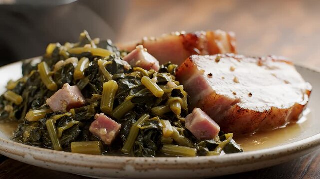 Delicious Southern Style Collard Greens with Pork Chops.