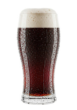 A tall pilsner glass of cold dark stout beer with a creamy foam head and frosty condensation on a transparent background with copy space concept for beverage advertising