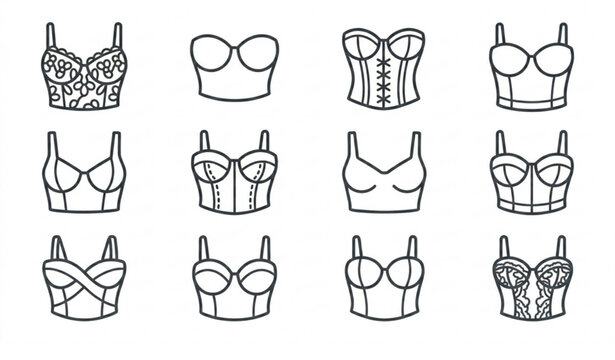 Bustier vector line icon set with women&rsquo;s fashion corset and lingerie garment symbols