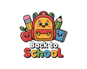 Fototapeta premium Back to School Cartoon Logo Design – Cute Student Supplies Flat Vector Illustration