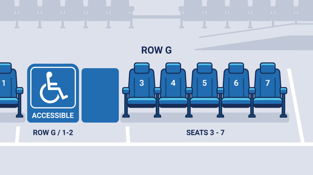 Seating chart of a movie theater or auditorium row with accessible wheelchair space and numbered seats