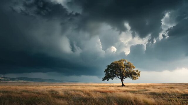 A tree stands alone in a wide field as dark clouds form above. The sky changes from bright to dark, showing shifting weather patterns.