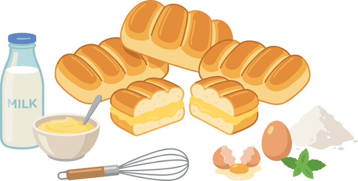 Fresh Bread and Cream Bun Vector Collection with Baking Ingredients, Milk, Eggs, Butter, and Homemade Pastry Illustrations