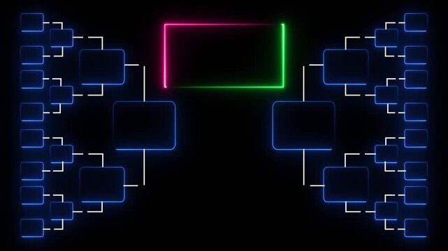 A dark black background is illuminated by a neon-lit flowchart diagram featuring bright blue connecting lines and square nodes, with a central neon green and pink rectangular frame, creating a