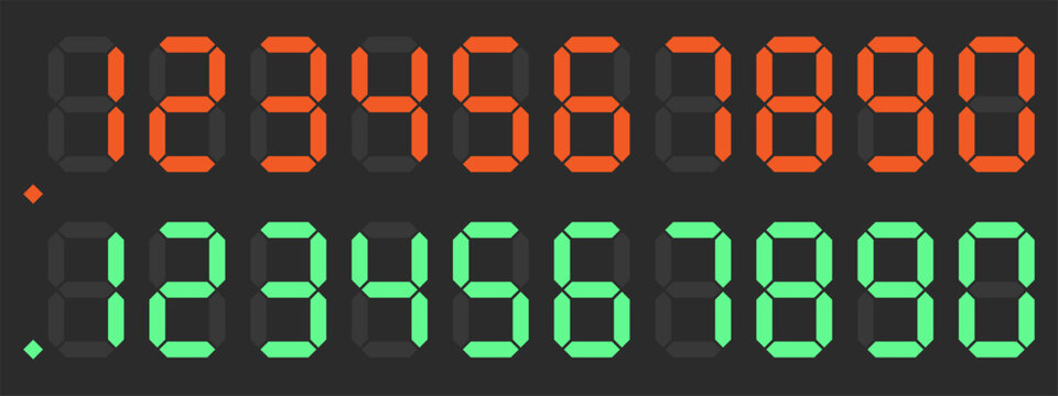Digital Seven Segment Display Number Set in Red and Green. Vector set for electronic clock faces, countdown timers, scoreboards, calculator interfaces, industrial measuring equipment