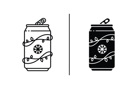 Soda can with winter snowflake and string light decorations in outline and filled black icon styles for festive beverage branding