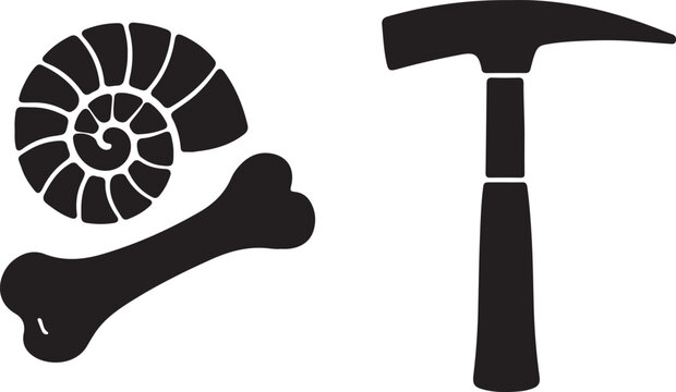 Paleontology icons with fossil shell bone and rock hammer