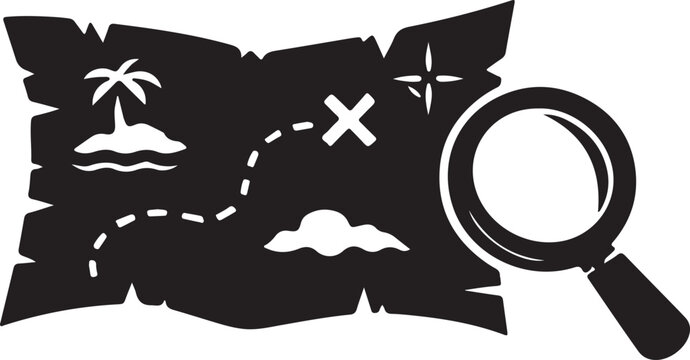 Black treasure map icon with a magnifying glass