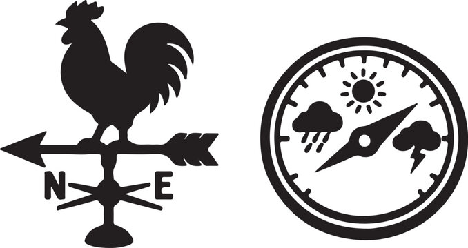 Weather vane and compass icons with climate symbols