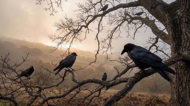 A group of black crows perched on bare tree branches in a misty, atmospheric landscape during sunrise or sunset, with hills in the background.
