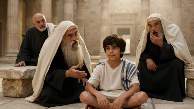 Young Jesus speaking with teachers in the temple. A boy listens to elderly scholars in ancient Jerusalem. Biblical scene representing wisdom and divine knowledge.