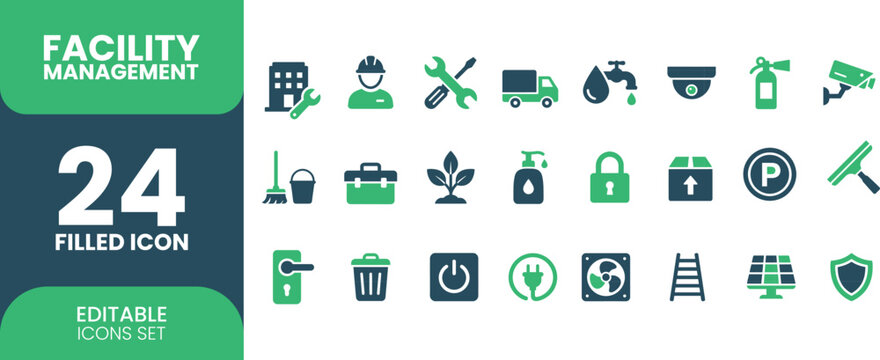 Facility Management Editable Filled Icon Set Vector illustration