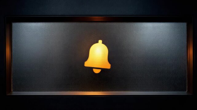 Bright yellow bell hangs in a glass panel at night, casting light and creating shadows in a softly lit space, showing reflections on the glass.