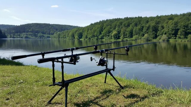 Two carp rods on a tripod rod pod setup by a lakeshore. Fishery gear positioned on grassy bank for waiting during outdoor angling activity near calm forest.