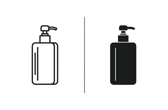Liquid soap dispenser bottle with pump vector icon in clean black and white line art for hygiene and personal care branding elements