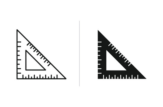 Geometric triangle ruler measurement tool vector icons in outline and solid black styles for academic and architectural design projects