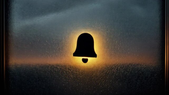 Light comes through a bell shape on glass as the sun rises on a rainy morning, creating bright colors and reflections that change slowly.