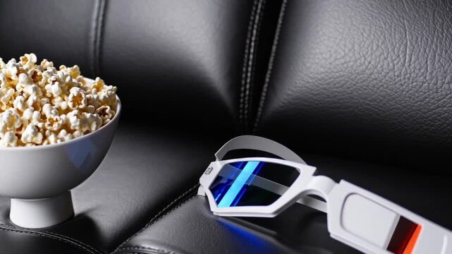 Close-up of popcorn bowl and white 3D glasses on black leather sofa.