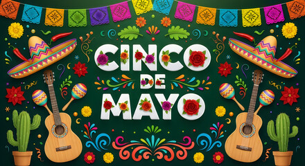 Naklejka premium Cinco de mayo celebration banner with traditional mexican instruments and floral decorations