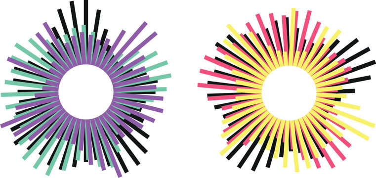 Modern music equalizer bar chart set featuring vibrant radial striped patterns isolated on transparent background for audio visualization or dynamic sound design elements.
