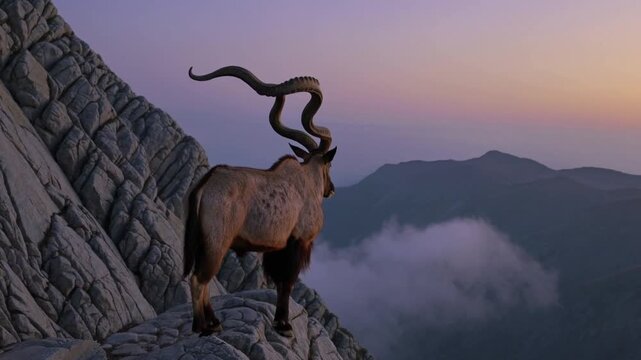 Markhor standing on a jagged rocky slope above mountain clouds at dusk.