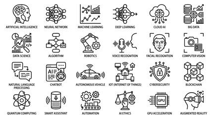 Obraz premium Artificial Intelligence Icons, AI Technology Symbols, Machine Learning Logos, 25 Vector Graphics