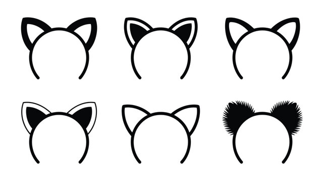 Animal ear headband icons, cute vector set featuring cat, dog, bunny, and bear ear accessories isolated on white background for cosplay, parties, kids fashion, and playful costume design