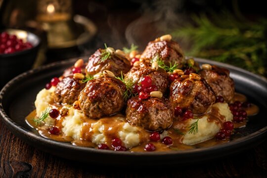 Schwedische K&ouml;ttbullar mit Kartoffelp&uuml;ree in dunkler Foodfotografie
Saftig glasierte K&ouml;ttbullar auf cremigem Kartoffelp&uuml;ree mit Preiselbeeren und Dill in stimmungsvoller, dunkler Foodfotografie.