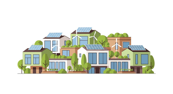 Sustainable eco-friendly houses with solar panels and wind turbines illustration