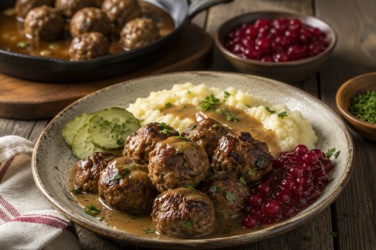 Rustikale K&ouml;ttbullar mit Kartoffelp&uuml;ree, Preiselbeeren und Gurke
Rustikal angerichtete K&ouml;ttbullar mit brauner So&szlig;e, Kartoffelp&uuml;ree, Preiselbeeren und Gurkenscheiben auf Holztisch.