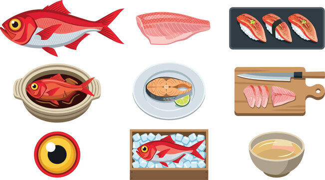 Fresh Seafood and Fish Cuisine Vector Set with Sushi, Fillet Preparation, Japanese Food Dishes, and Cooking Ingredient Illustrations