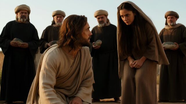 Jesus writes on the ground before a woman accused of sin. Biblical reenactment of mercy and forgiveness. Ancient men with rock standing in the dusty desert.