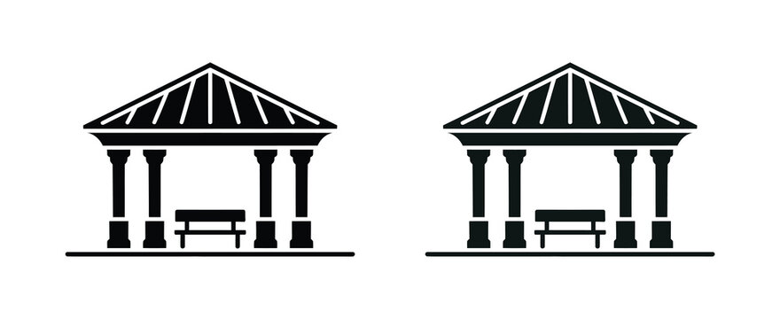 Black gazebo icon with bench and roof design, vector illustration representing peaceful garden seating, outdoor pavilion, park shelter, and architectural landscape concepts