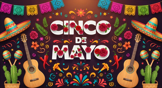 Cinco de mayo celebration graphic with musical instruments cacti and traditional papel picado banners