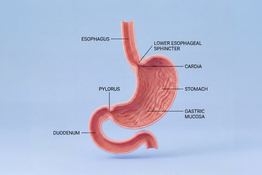 3D Medical Illustration of Human Stomach Anatomy with Labels