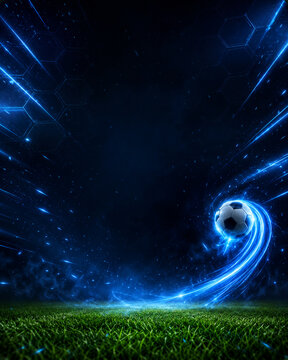 Futuristic Soccer Ball with Electric Blue Motion Trail and Hexagon Background