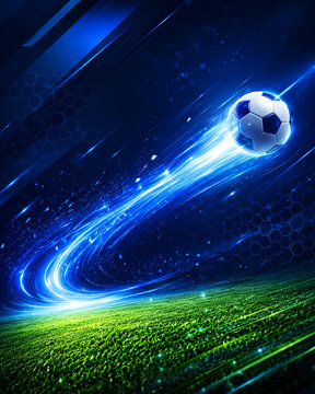 Futuristic Soccer Ball Flying with Blue Light Streaks and Grass Texture