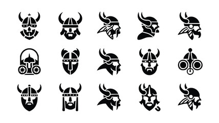 Collection of black viking helmet logos and icons on white background © logodesign11